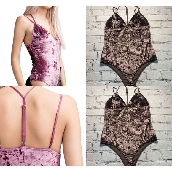 HONEY PUNCH Crushed Velvet Bodysuit Velvety Burgundy Brown - Picture 1 of 11